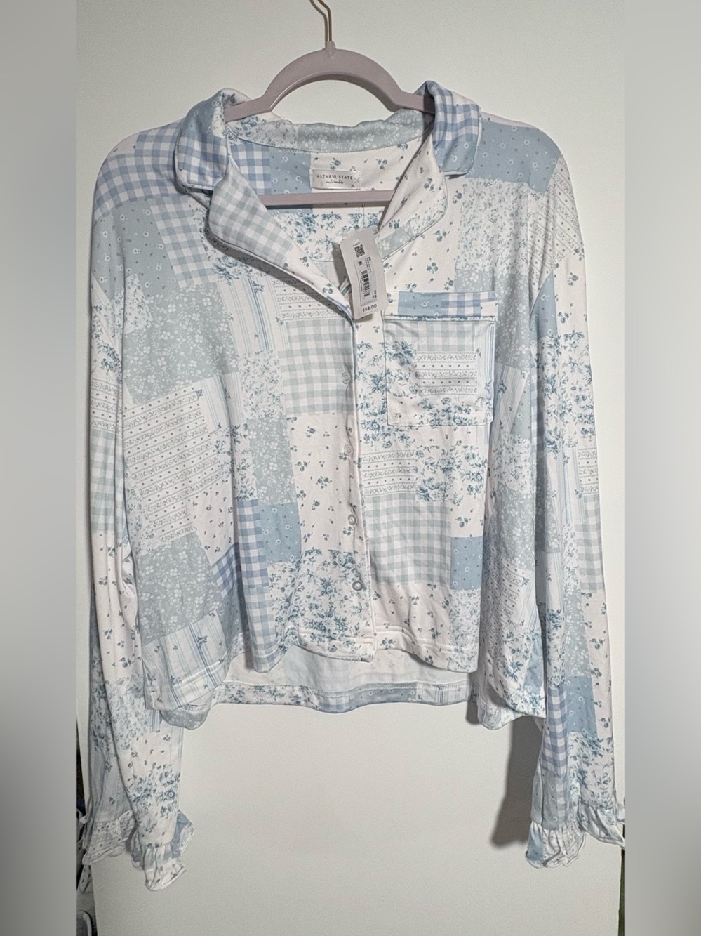 Altar'd State Light Blue & White Patchwork Button-Front Pajama Top